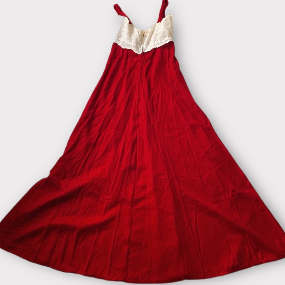Vintage 70s Red Velvet & White Lace Formal/Party Maxi Dress - Picture 9 of 10